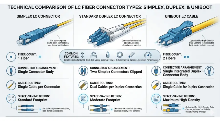 Simplex LC, duplex LC, and uniboot LC cable comparison for fiber patching applications Simplex LC, duplex LC, and uniboot LC cable comparison for fiber patching applications