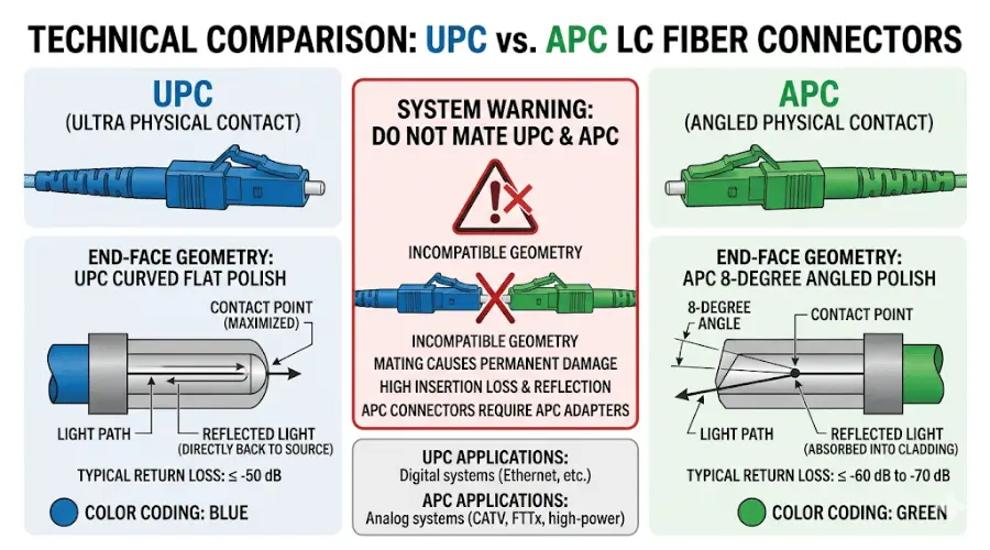 UPC vs APC LC connector polish comparison showing end-face angle and color coding UPC vs APC LC connector polish comparison showing end-face angle and color coding