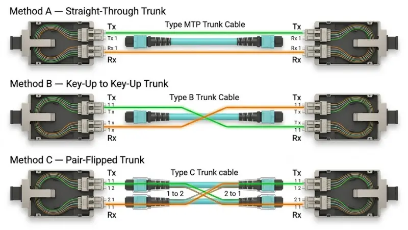 MPO/MTP cassette polarity diagram showing Method A, Method B and Method C fiber paths MPO/MTP cassette polarity diagram showing Method A, Method B and Method C fiber paths